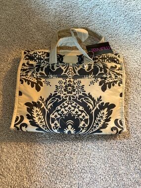 Cream and Black Damask Pattern Travel Tote Bag for toiletries.